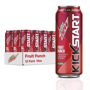 Mountain Dew Kickstart. Fruit Punch. 92mg Caffeine. Vitamins B & C. 80 Calories. 5% Juice. 16 Fl Oz (Pack of 12)