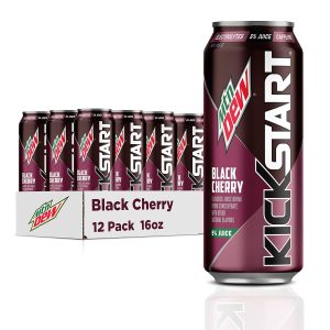 Mountain Dew Kickstart. Black Cherry. 92mg Caffeine. Vitamins B & C. 80 Calories. 5% Juice. 16 Fl Oz (Pack of 12)