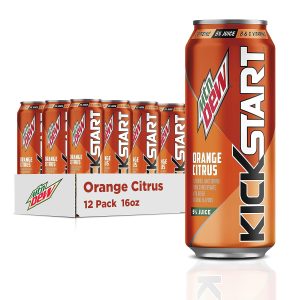 Mountain Dew Kickstart. Orange Citrus. 92mg Caffeine. Vitamins B & C. 80 Calories. 5% Juice. 16 Fl Oz (Pack of 12)