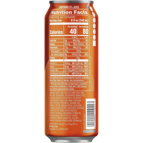 Mountain Dew Kickstart. Orange Citrus. 92mg Caffeine. Vitamins B & C. 80 Calories. 5% Juice. 16 Fl Oz (Pack of 12) - Image 2
