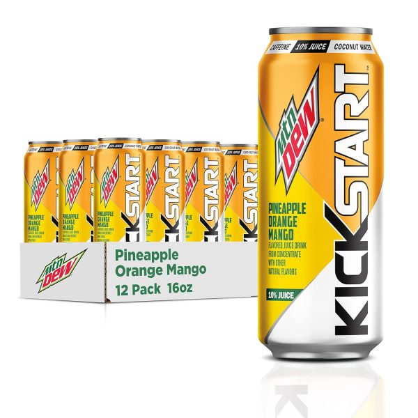 Mountain Dew Kickstart. Pineapple Orange Mango. 90mg Caffeine. Vitamins B & C. 80 Calories. 10% Juice. 16 Fl Oz (Pack of 12)