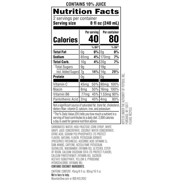 Mountain Dew Kickstart. Pineapple Orange Mango. 90mg Caffeine. Vitamins B & C. 80 Calories. 10% Juice. 16 Fl Oz (Pack of 12) - Image 3