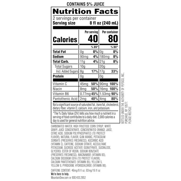 Mountain Dew Kickstart. Orange Citrus. 92mg Caffeine. Vitamins B & C. 80 Calories. 5% Juice. 16 Fl Oz (Pack of 12) - Image 3