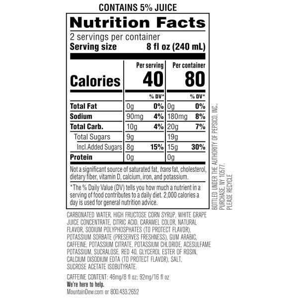 Mountain Dew Kickstart. Black Cherry. 92mg Caffeine. Vitamins B & C. 80 Calories. 5% Juice. 16 Fl Oz (Pack of 12) - Image 2